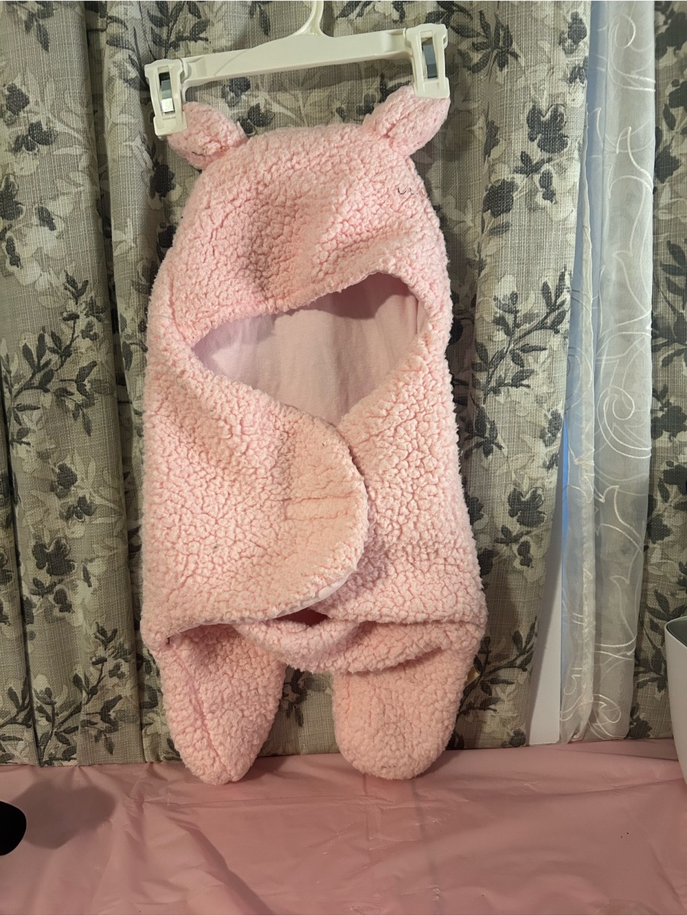Plush Pink Sherpa Baby Footie with Bear-Ear Hood